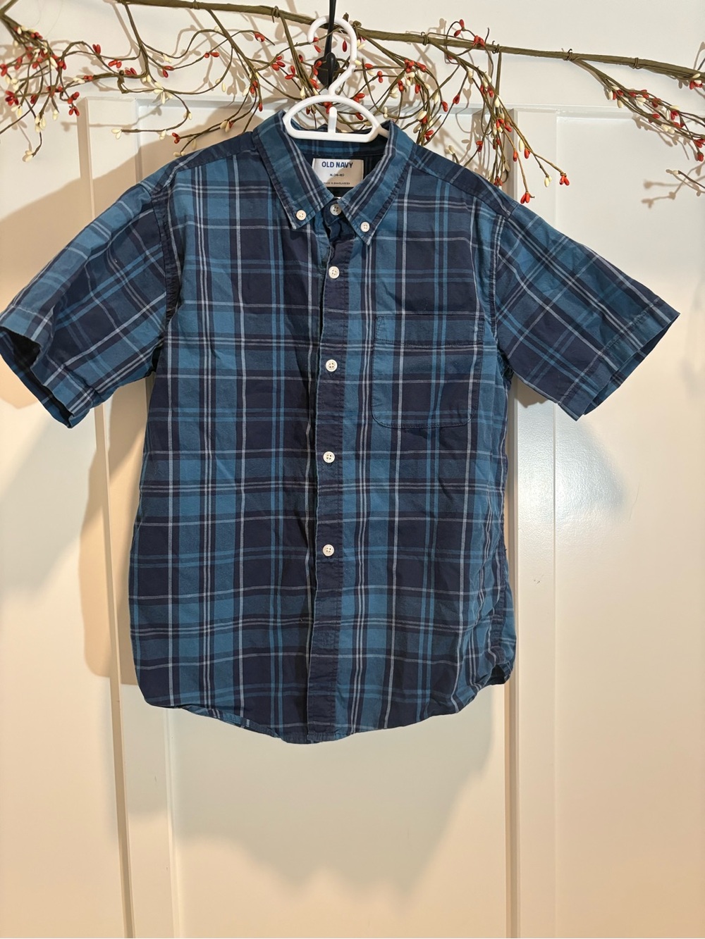 Old Navy Navy and Light Blue Plaid Short Sleeve Button-Down Shirt